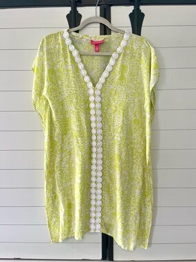 Lilly Pulitzer Yellow/Lime Floral Cover Up with White Lace Trim XS Beach Summer